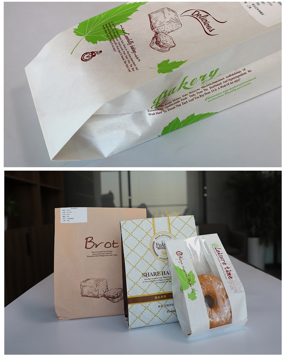 Customized Bread Bakery Packaging Greaseproof White Paper Bag with Clear Window